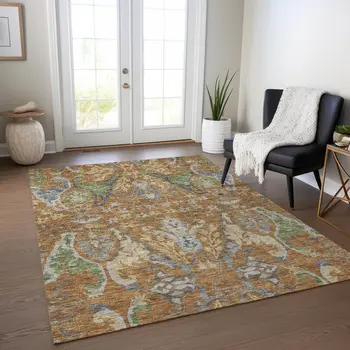 5' X 8' Copper Green And Beige Floral Washable Indoor Outdoor Area Rug