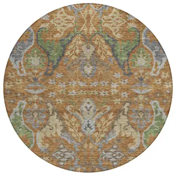8' Copper Green And Beige Round Floral Washable Indoor Outdoor Area Rug