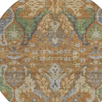 8' Copper Green And Beige Round Floral Washable Indoor Outdoor Area Rug