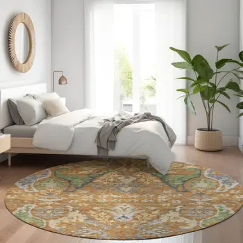 8' Copper Green And Beige Round Floral Washable Indoor Outdoor Area Rug