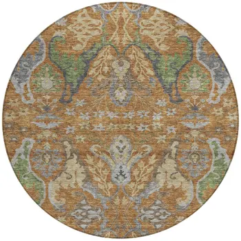 8' Copper Green And Beige Round Floral Washable Indoor Outdoor Area Rug