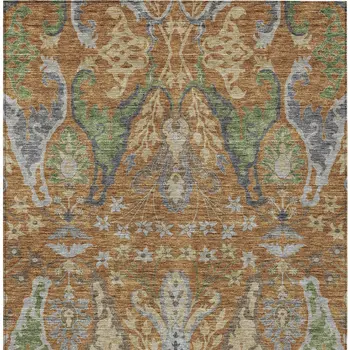 8' X 10' Copper Green And Beige Floral Washable Indoor Outdoor Area Rug