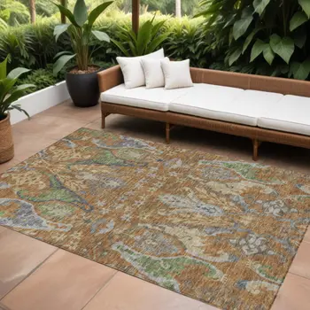 9' X 12' Copper Green And Beige Floral Washable Indoor Outdoor Area Rug
