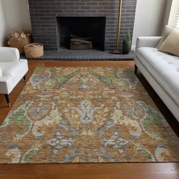 9' X 12' Copper Green And Beige Floral Washable Indoor Outdoor Area Rug