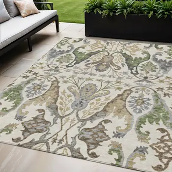 5' X 8' Ivory Green And Brown Floral Washable Indoor Outdoor Area Rug