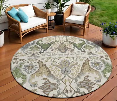 8' Ivory Green And Brown Round Floral Washable Indoor Outdoor Area Rug
