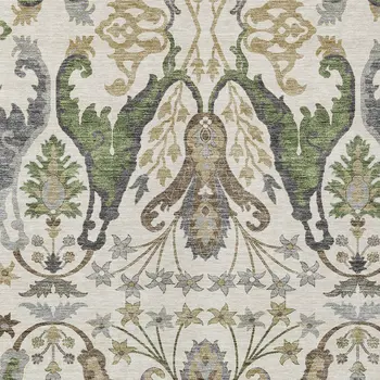8' X 10' Ivory Green And Brown Floral Washable Indoor Outdoor Area Rug