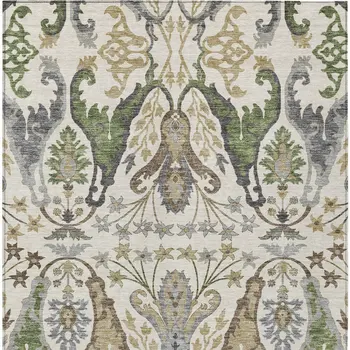 9' X 12' Ivory Green And Brown Floral Washable Indoor Outdoor Area Rug