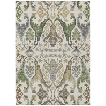 9' X 12' Ivory Green And Brown Floral Washable Indoor Outdoor Area Rug