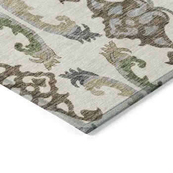 9' X 12' Ivory Green And Brown Floral Washable Indoor Outdoor Area Rug