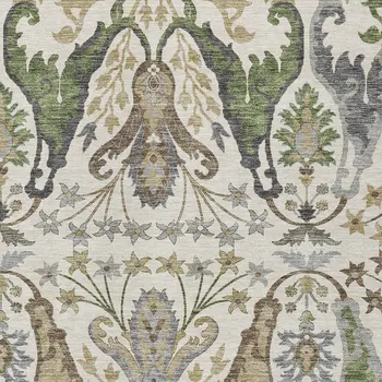 9' X 12' Ivory Green And Brown Floral Washable Indoor Outdoor Area Rug