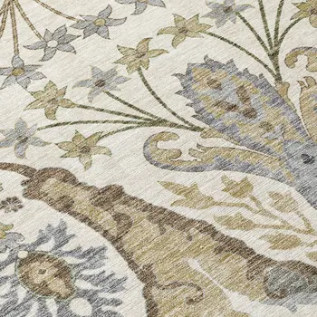 9' X 12' Ivory Green And Brown Floral Washable Indoor Outdoor Area Rug