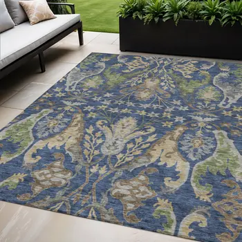 5' X 8' Navy Blue Green And Brown Floral Washable Indoor Outdoor Area Rug