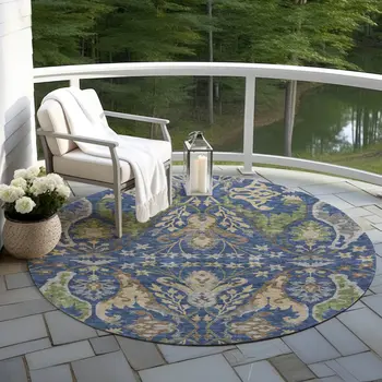 8' Navy Blue Green And Brown Round Floral Washable Indoor Outdoor Area Rug