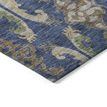 8' Navy Blue Green And Brown Round Floral Washable Indoor Outdoor Area Rug