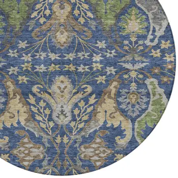 8' Navy Blue Green And Brown Round Floral Washable Indoor Outdoor Area Rug