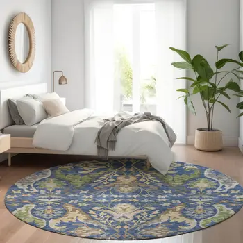 8' Navy Blue Green And Brown Round Floral Washable Indoor Outdoor Area Rug