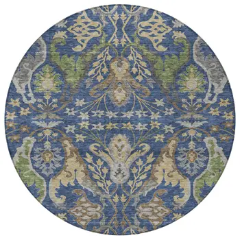 8' Navy Blue Green And Brown Round Floral Washable Indoor Outdoor Area Rug