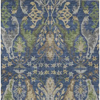 8' X 10' Navy Blue Green And Brown Floral Washable Indoor Outdoor Area Rug