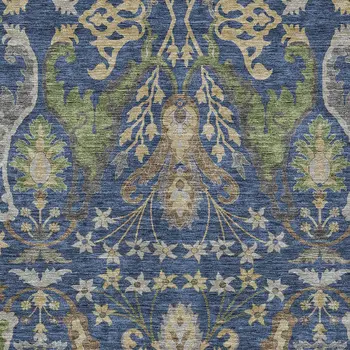 8' X 10' Navy Blue Green And Brown Floral Washable Indoor Outdoor Area Rug