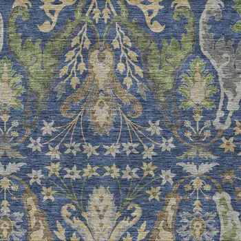 9' X 12' Navy Blue Green And Brown Floral Washable Indoor Outdoor Area Rug