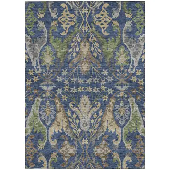 10' X 14' Navy Blue Green And Brown Floral Washable Indoor Outdoor Area Rug