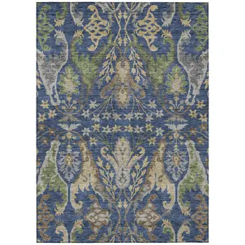 10' X 14' Navy Blue Green And Brown Floral Washable Indoor Outdoor Area Rug
