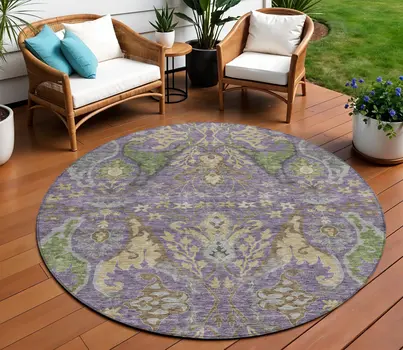 8' Purple Green And Brown Round Floral Washable Indoor Outdoor Area Rug
