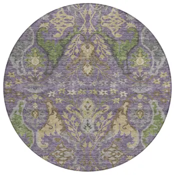 8' Purple Green And Brown Round Floral Washable Indoor Outdoor Area Rug