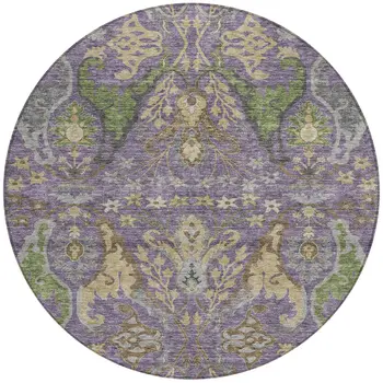 8' Purple Green And Brown Round Floral Washable Indoor Outdoor Area Rug