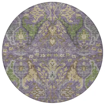 8' Purple Green And Brown Round Floral Washable Indoor Outdoor Area Rug