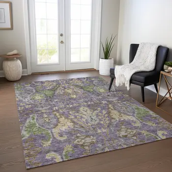 9' X 12' Purple Green And Brown Floral Washable Indoor Outdoor Area Rug