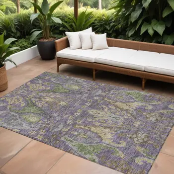 10' X 14' Purple Green And Brown Floral Washable Indoor Outdoor Area Rug
