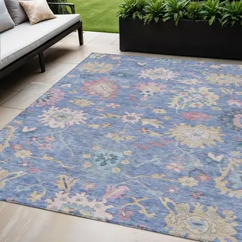 5' X 8' Blue Pink And Ivory Floral Washable Indoor Outdoor Area Rug