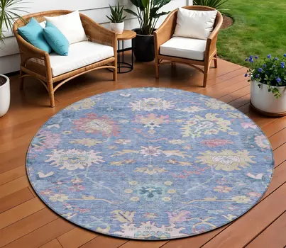 8' Blue Pink And Ivory Round Floral Washable Indoor Outdoor Area Rug