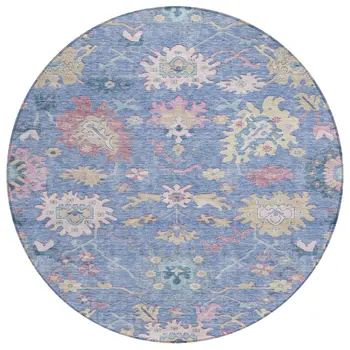 8' Blue Pink And Ivory Round Floral Washable Indoor Outdoor Area Rug