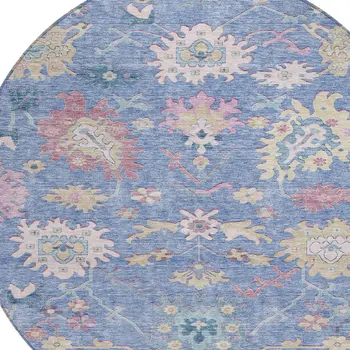 8' Blue Pink And Ivory Round Floral Washable Indoor Outdoor Area Rug