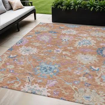 5' X 8' Orange Pink And Denim Blue Floral Washable Indoor Outdoor Area Rug
