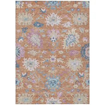 5' X 8' Orange Pink And Denim Blue Floral Washable Indoor Outdoor Area Rug