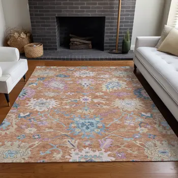 5' X 8' Orange Pink And Denim Blue Floral Washable Indoor Outdoor Area Rug