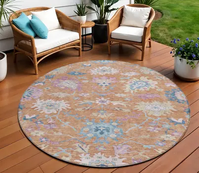 8' Orange Pink And Denim Blue Round Floral Washable Indoor Outdoor Area Rug