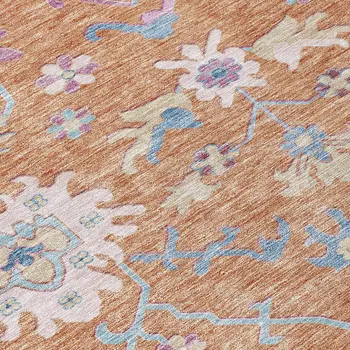 8' Orange Pink And Denim Blue Round Floral Washable Indoor Outdoor Area Rug