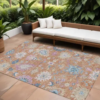 8' X 10' Orange Pink And Denim Blue Floral Washable Indoor Outdoor Area Rug