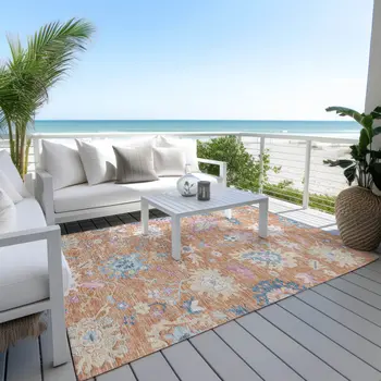 9' X 12' Orange Pink And Denim Blue Floral Washable Indoor Outdoor Area Rug