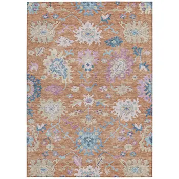 10' X 14' Orange Pink And Denim Blue Floral Washable Indoor Outdoor Area Rug
