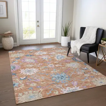 10' X 14' Orange Pink And Denim Blue Floral Washable Indoor Outdoor Area Rug