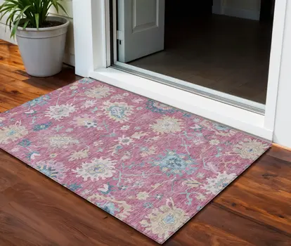 3' X 5' Pink Ivory And Denim Blue Floral Washable Indoor Outdoor Area Rug