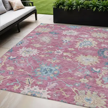 5' X 8' Pink Ivory And Denim Blue Floral Washable Indoor Outdoor Area Rug