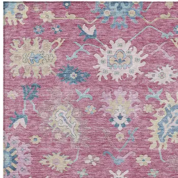 5' X 8' Pink Ivory And Denim Blue Floral Washable Indoor Outdoor Area Rug