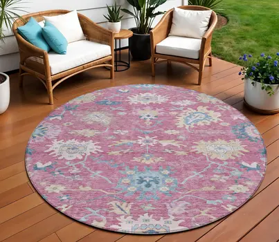 8' Pink Ivory And Denim Blue Round Floral Washable Indoor Outdoor Area Rug